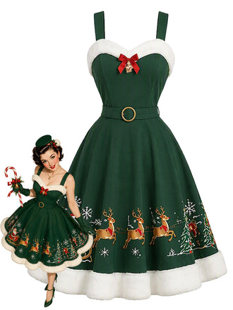 Grünes 50er Weihnachts-Swingkleid mit Santa-Schlitten-Print und Flauschbesatz