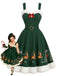Grünes 50er Weihnachts-Swingkleid mit Santa-Schlitten-Print und Flauschbesatz
