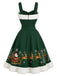 Grünes 50er Weihnachts-Swingkleid mit Santa-Schlitten-Print und Flauschbesatz