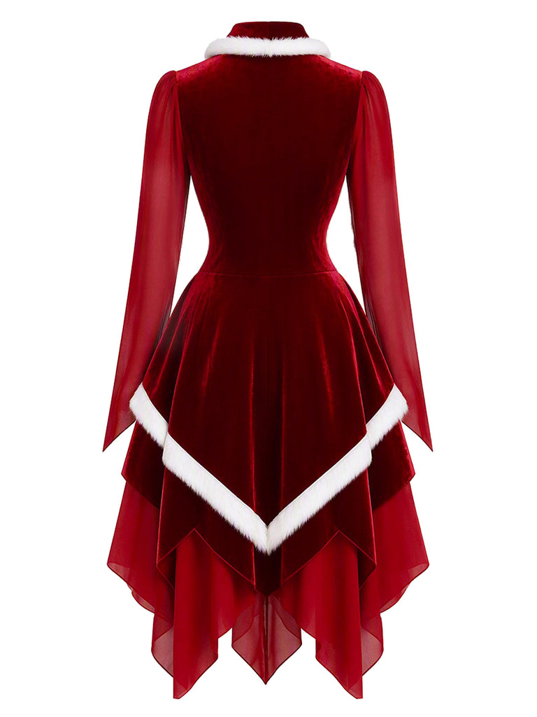 Rotes 50er Weihnachts-Samtkleid mit Schnürung und Zipfelsaum