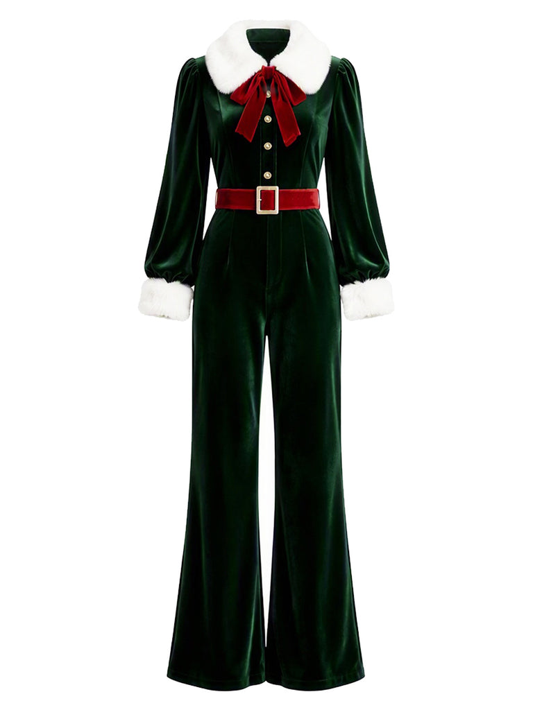 Seegrüner 70er Jumpsuit mit Plüsch-Bubikragen und Ballonärmeln