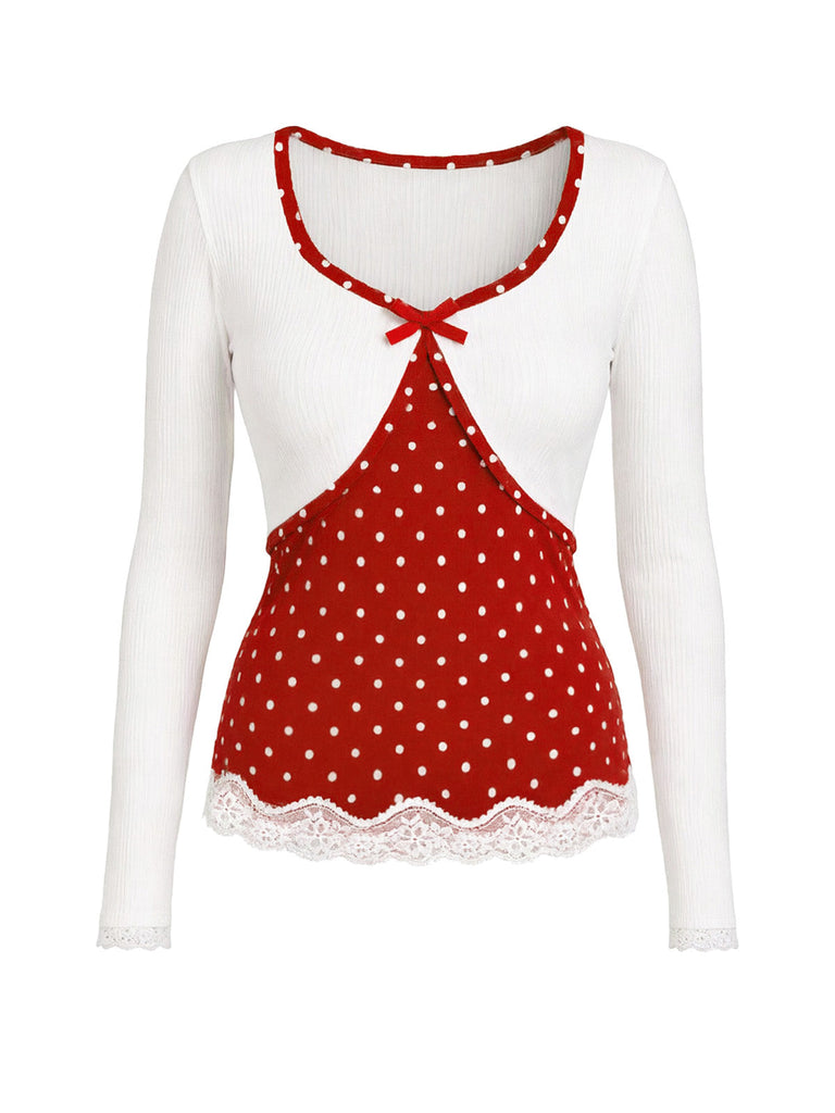 60er Lounge-Set aus Stricktop und Schlaghose mit Punkten und Spitzenbesatz