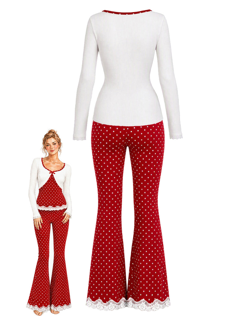 60er Lounge-Set aus Stricktop und Schlaghose mit Punkten und Spitzenbesatz