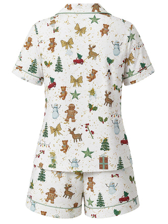 Weißes 70er Weihnachts-Pyjamaset aus Kurzarmhemd und Shorts