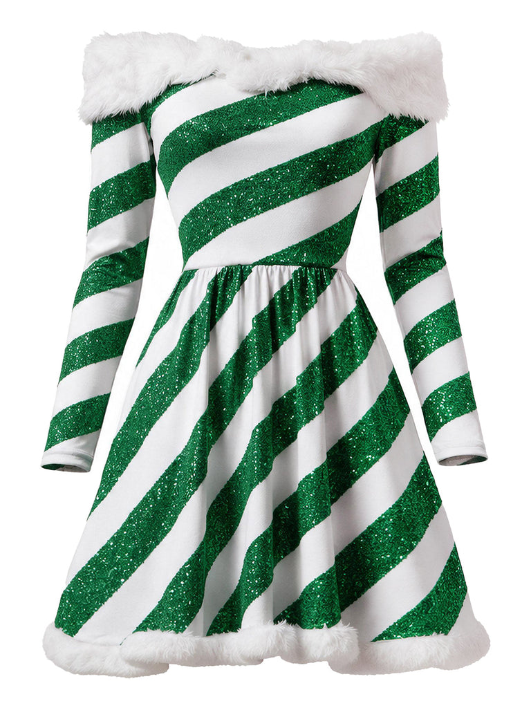 Grünes 50er Carmenkleid mit Zuckerstangenstreifen