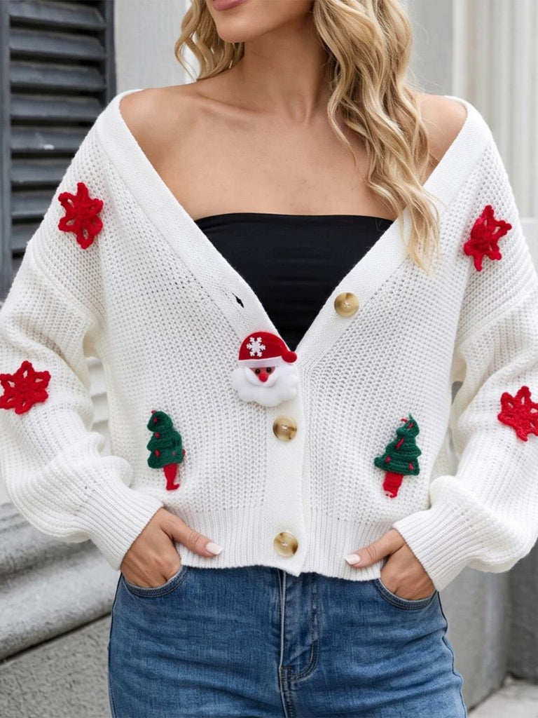 70er Weihnachts-Strickjacke mit Weihnachtsmann- und Tannenbaum-Applikationen