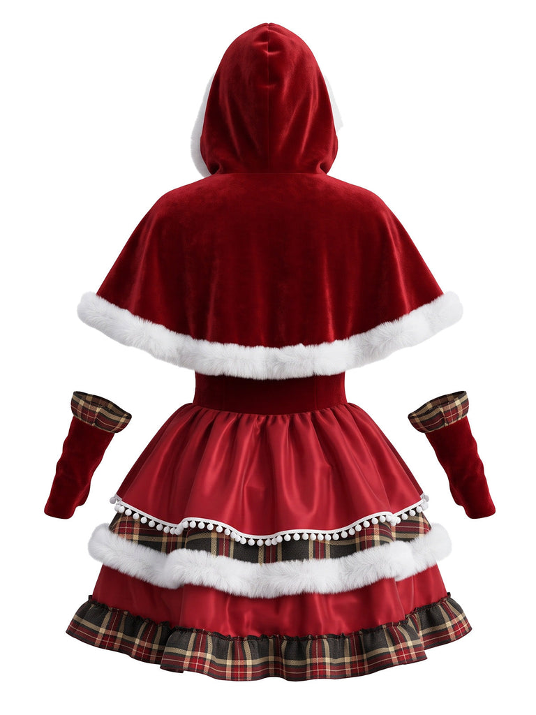 50er Weihnachts-Samtstufenkleid mit Karomuster und Kapuzencape