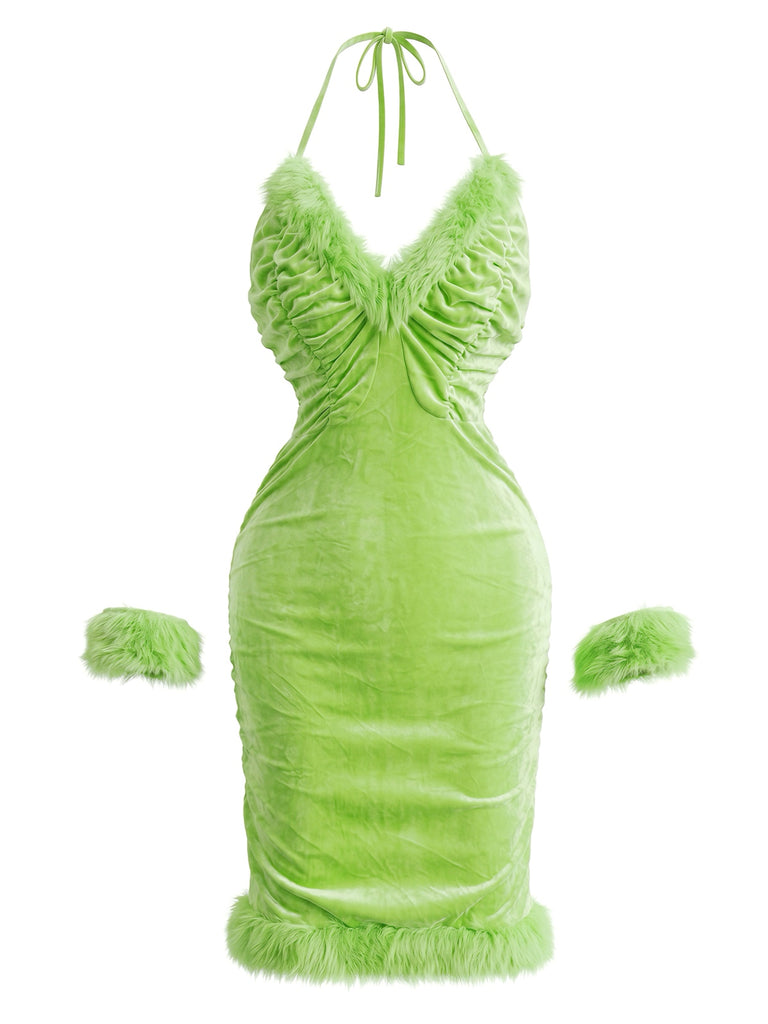 Gelbgrünes 70er Weihnachts-Samtkleid-Set mit Kunstfellbesatz und Neckholder