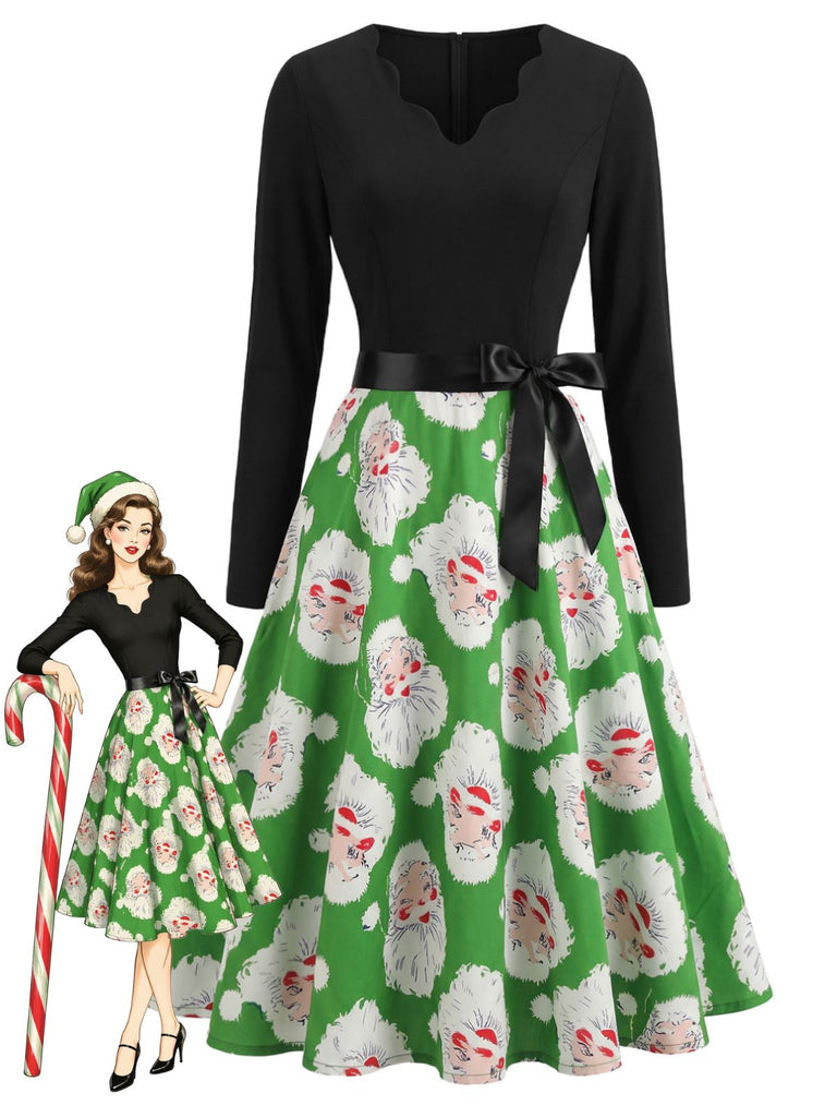 Grünes 50er Weihnachtsmannkleid mit gewelltem V-Ausschnitt