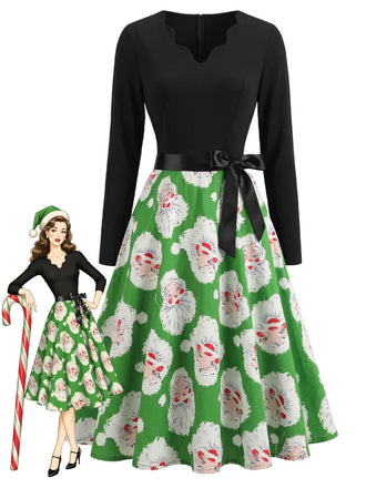 Grünes 50er Weihnachtsmannkleid mit gewelltem V-Ausschnitt