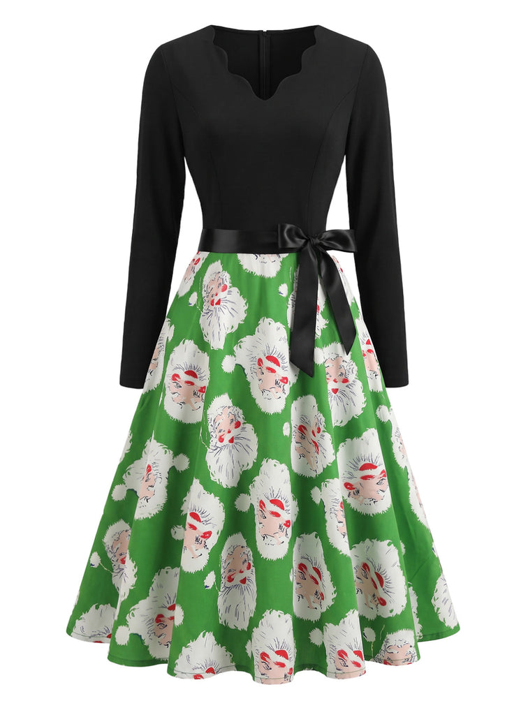 Grünes 50er Weihnachtsmannkleid mit gewelltem V-Ausschnitt