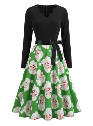 Grünes 50er Weihnachtsmannkleid mit gewelltem V-Ausschnitt