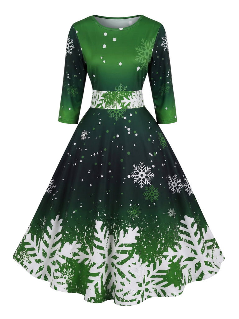 50er Schneeflocken-Printkleid mit Halbärmeln und betonter Taille
