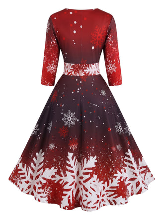 50er Schneeflocken-Printkleid mit Halbärmeln und betonter Taille