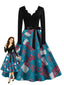 Blaues 50er Weihnachts-Swingkleid mit Strumpf-Print und Wellenausschnitt