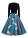 Blaues 50er Weihnachts-Swingkleid mit Strumpf-Print und Wellenausschnitt