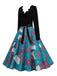 Blaues 50er Weihnachts-Swingkleid mit Strumpf-Print und Wellenausschnitt