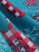 Blaues 50er Weihnachts-Swingkleid mit Strumpf-Print und Wellenausschnitt