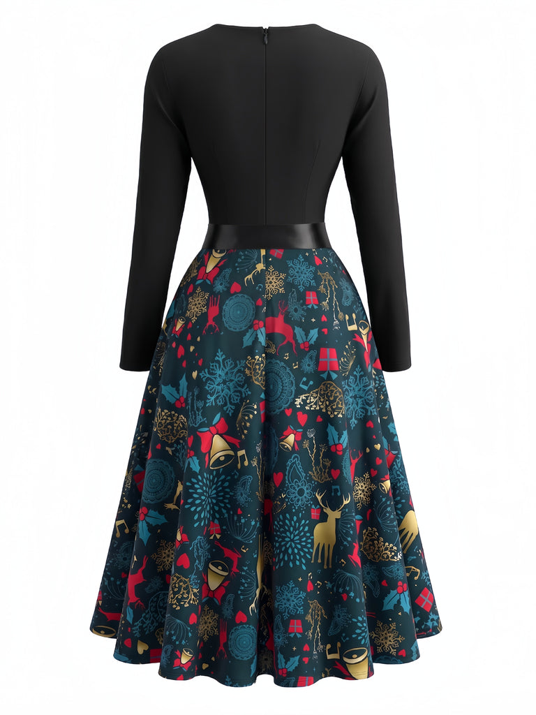 Mehrfarbiges 50er Weihnachts-Swingkleid mit Wellen-Ausschnitt
