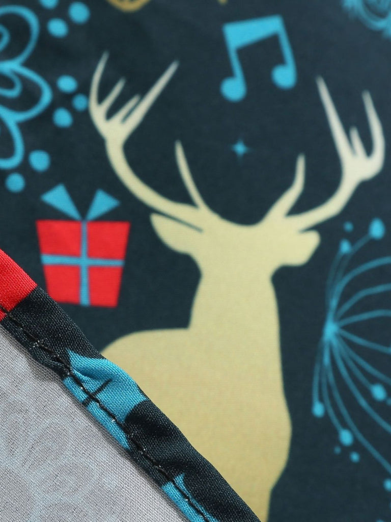 Mehrfarbiges 50er Weihnachts-Swingkleid mit Wellen-Ausschnitt