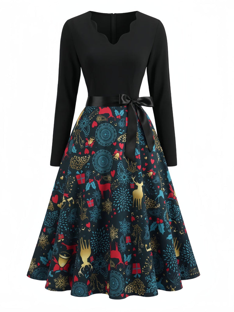Mehrfarbiges 50er Weihnachts-Swingkleid mit Wellen-Ausschnitt
