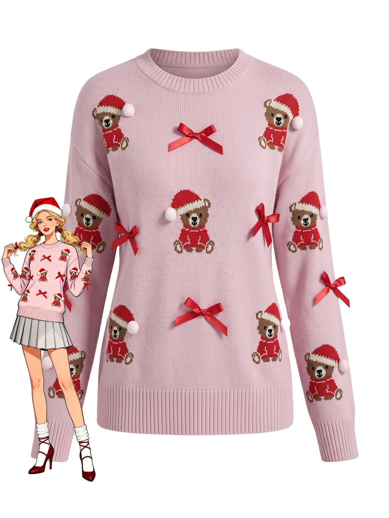Rosa 60er Weihnachts-Strickpullover mit Teddybär und Schleife