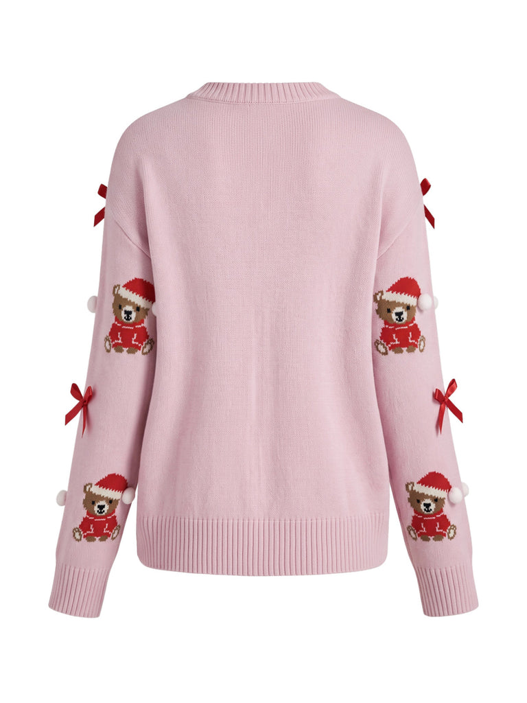 Rosa 60er Weihnachts-Strickpullover mit Teddybär und Schleife