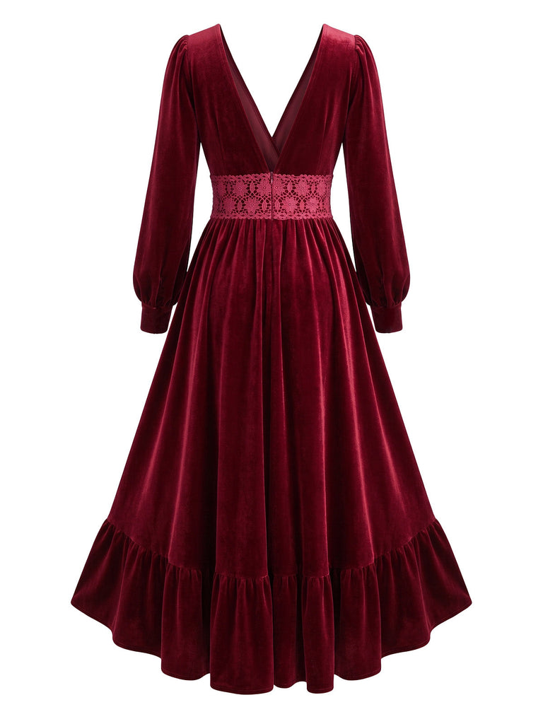 Rotes 50er Samtkleid mit V-Ausschnitt, Taillenspitze und Volantsaum