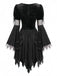 Schwarzes 50er Hexenkleid mit Federbesatz und ausgestellten Ärmeln
