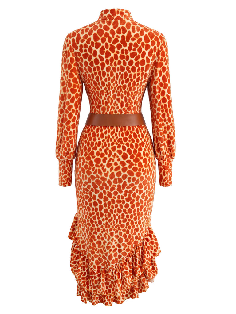 Oranges 70er Leo-Midikleid mit Gürtel und Volants