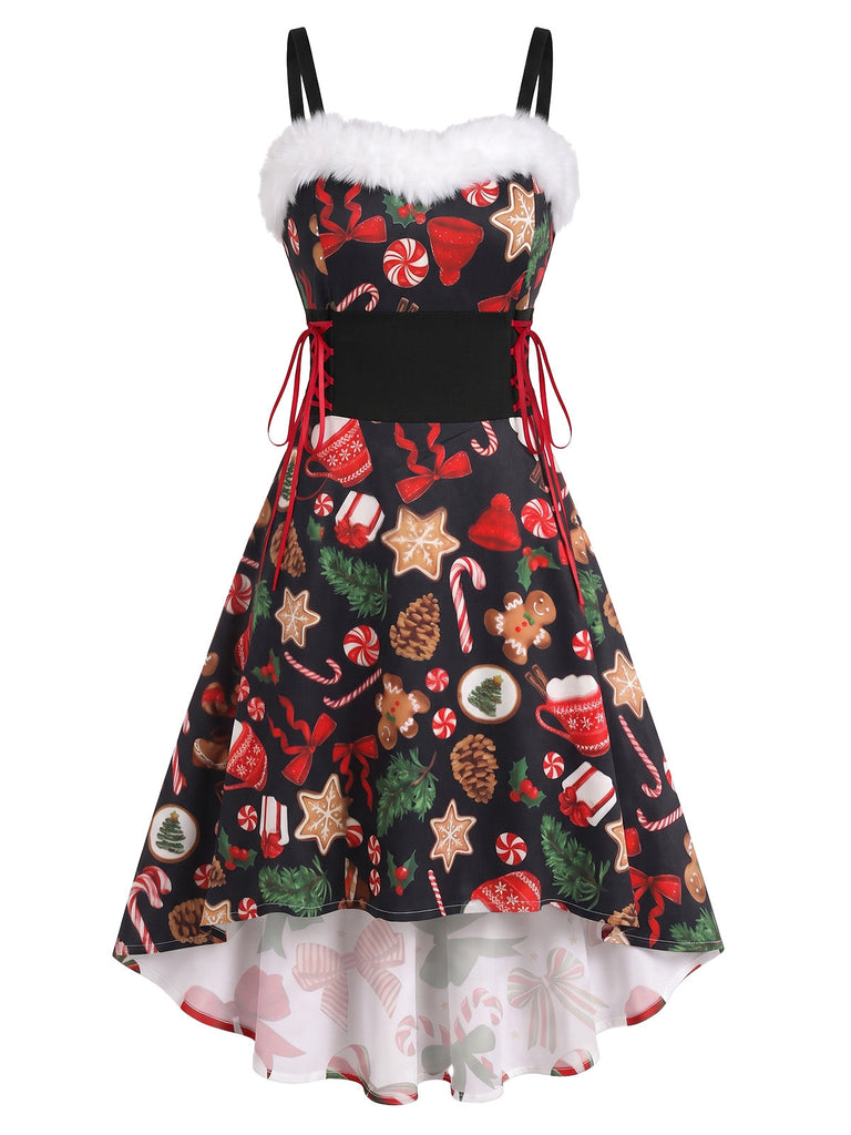 50er Slipkleid mit Fellbesatz und Weihnachtsprint