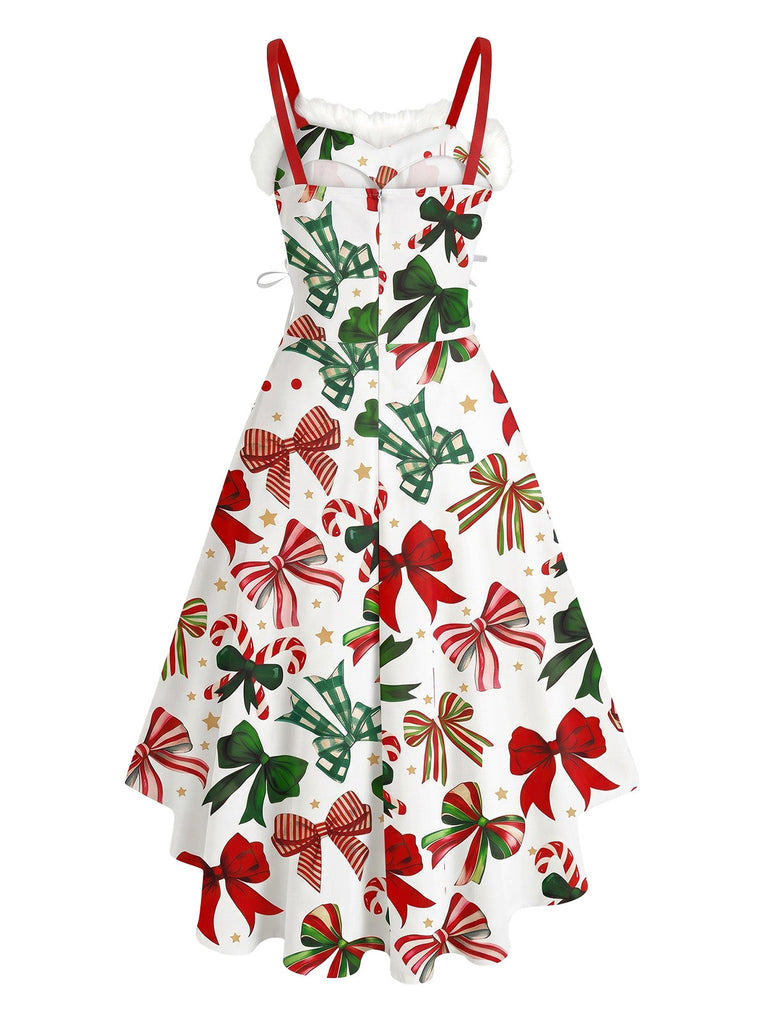 50er Slipkleid mit Fellbesatz und Weihnachtsprint