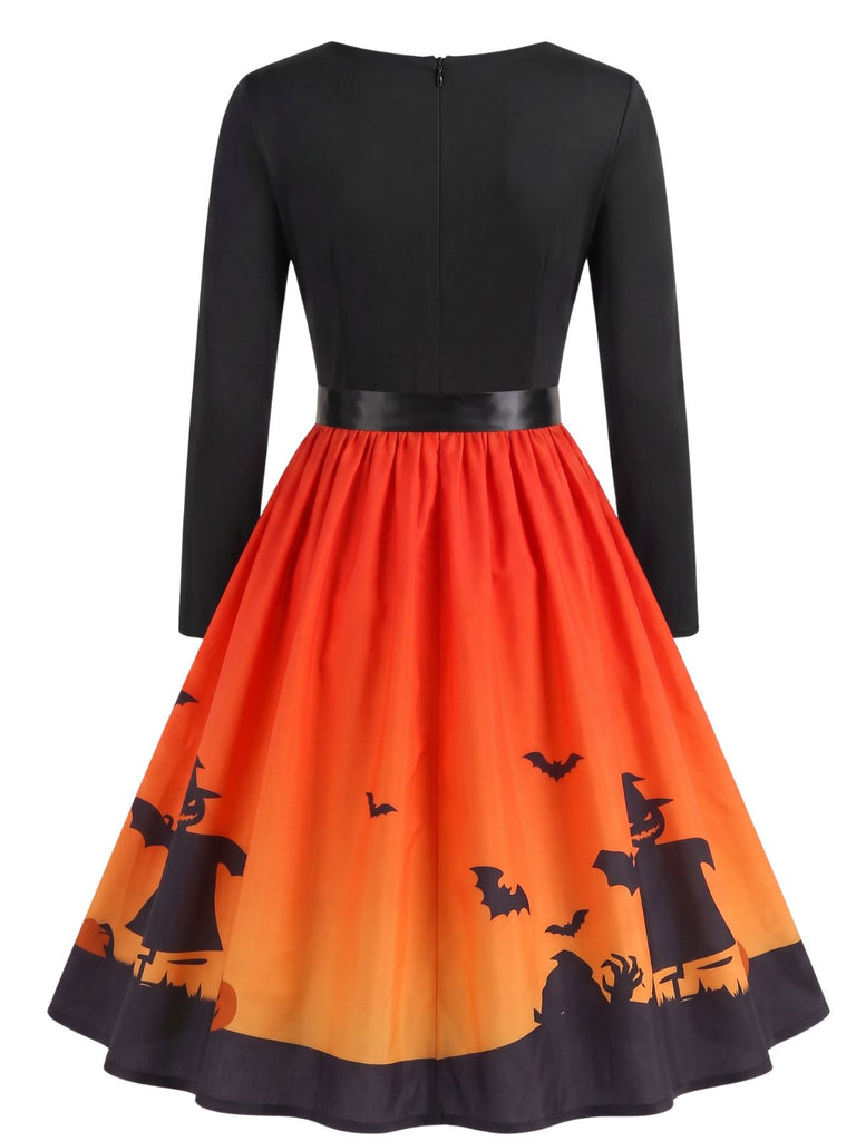 40er Halloween Swingkleid mit Spukhaus-Print und Wellen-Ausschnitt