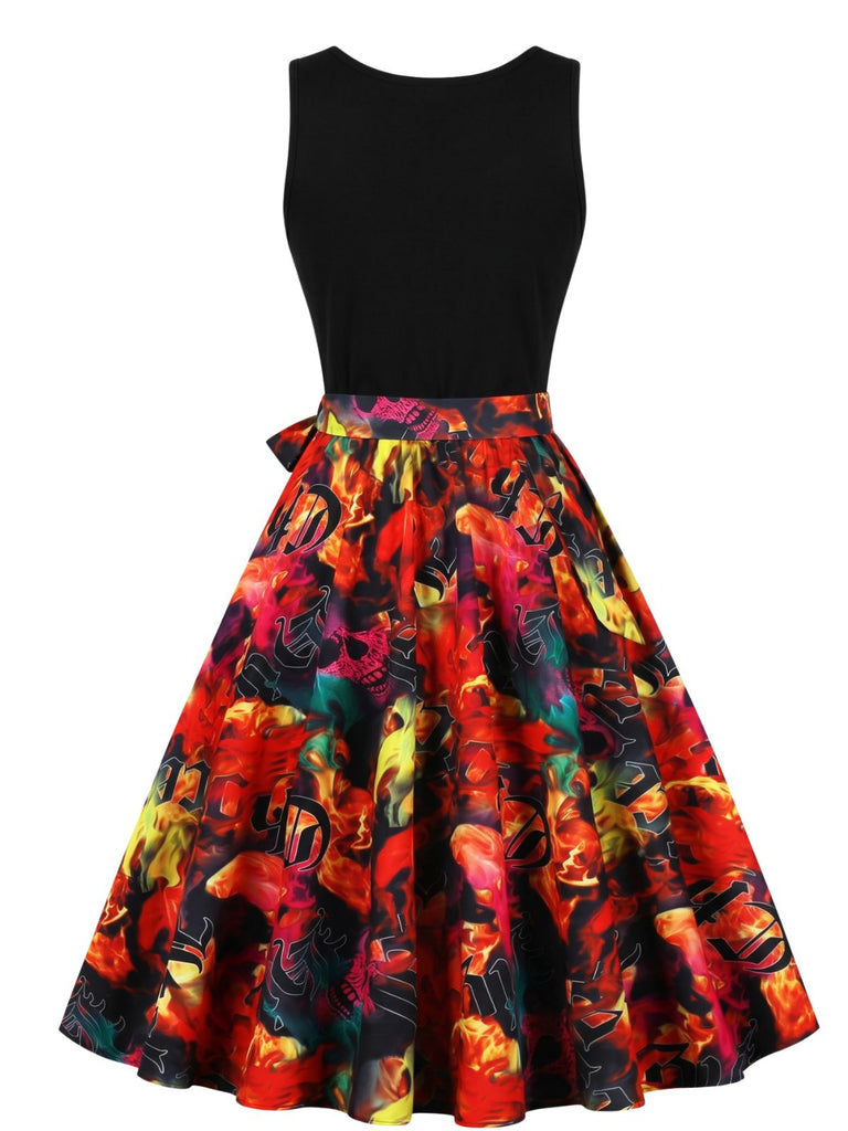 50er Halloween ärmelloses Kleid mit Kürbis- und Totenkopf-Print
