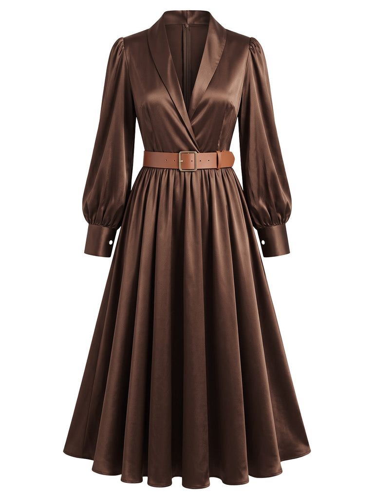 40er Satin-Midikleid mit Revers, Puffärmeln und Gürtel