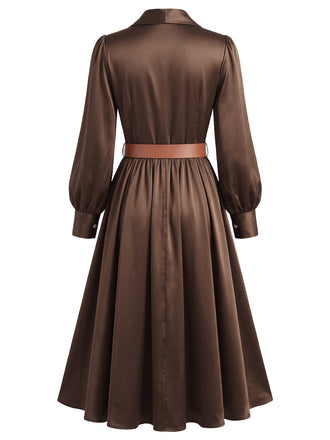 40er Satin-Midikleid mit Revers, Puffärmeln und Gürtel