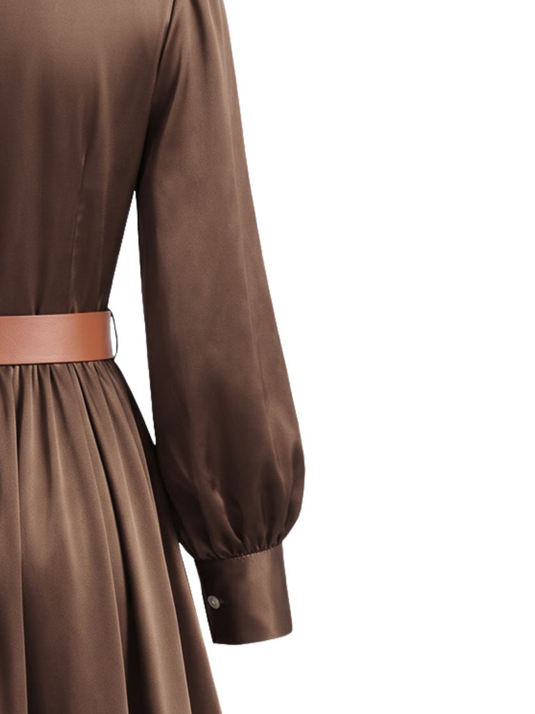40er Satin-Midikleid mit Revers, Puffärmeln und Gürtel