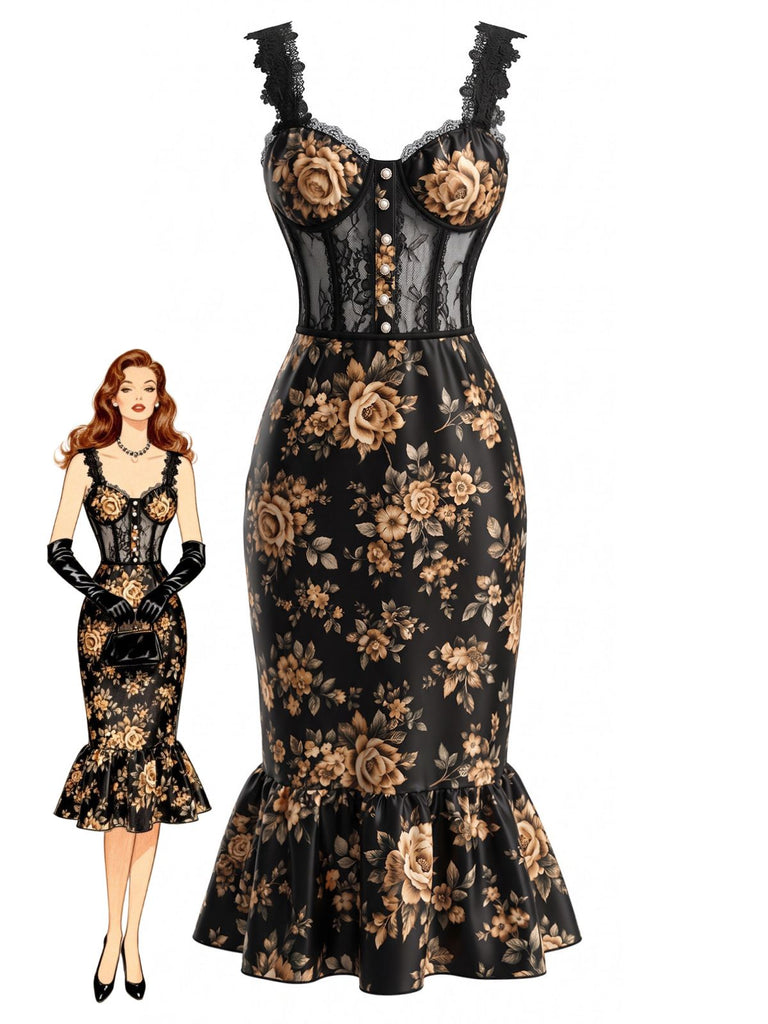 30er Mesh-Meerjungfrauenkleid in Korsett-Optik mit Blumenmuster und Spitzenträgern