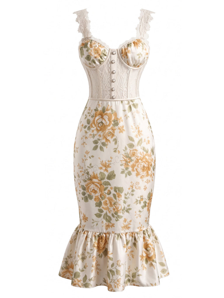 30er Mesh-Meerjungfrauenkleid in Korsett-Optik mit Blumenmuster und Spitzenträgern