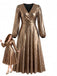[Übergröße] Goldenes 70er Metallic-Kleid mit V-Ausschnitt und Ballonärmeln