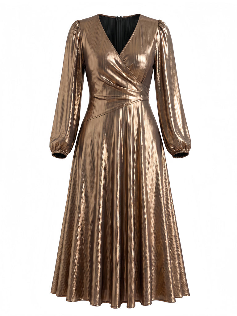 [Übergröße] Goldenes 70er Metallic-Kleid mit V-Ausschnitt und Ballonärmeln