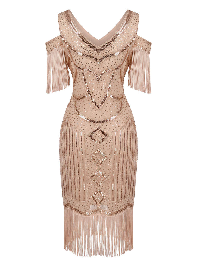 20er Flapperkleid mit Pailletten, Fransen und Schulterausschnitten