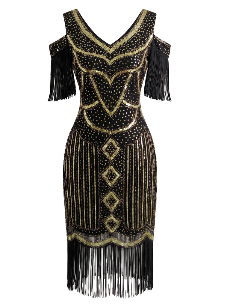 20er Flapperkleid mit Pailletten, Fransen und Schulterausschnitten