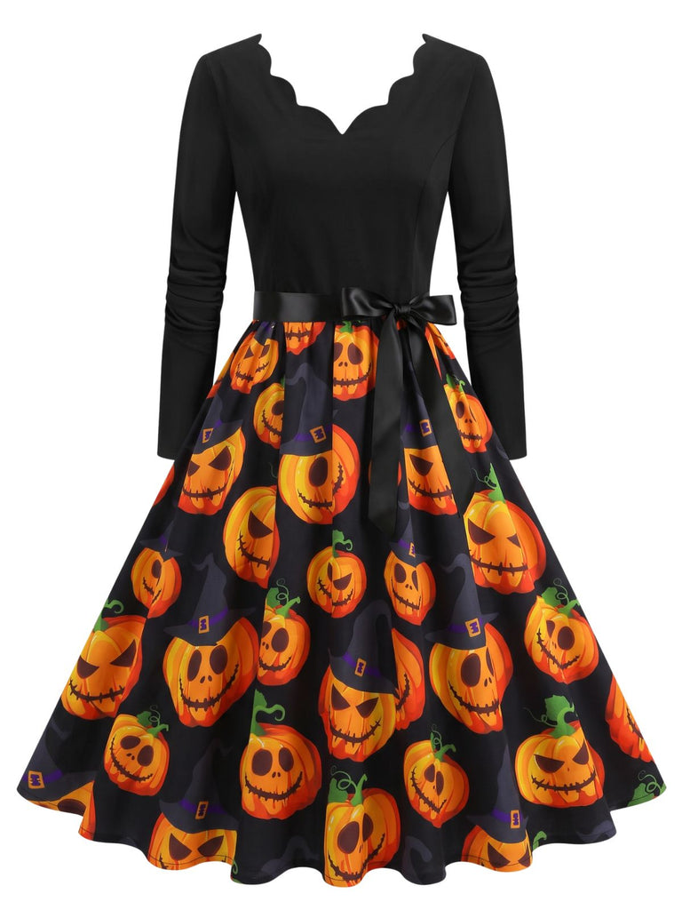 40er Halloween Swingkleid mit Kürbis-Print und Blütenkragen