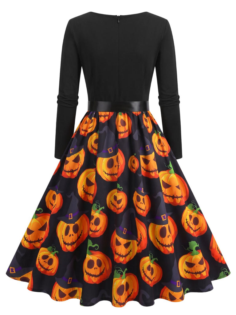 40er Halloween Swingkleid mit Kürbis-Print und Blütenkragen