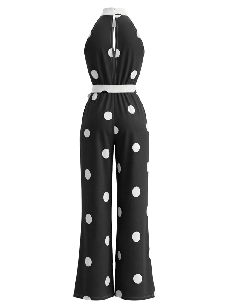 Ärmelloser 70er Neckholder-Punkte-Jumpsuit mit weitem Bein und Gürtel