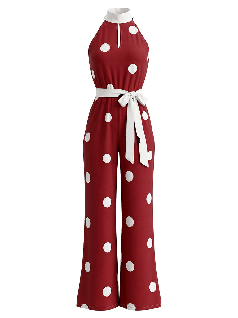 Ärmelloser 70er Neckholder-Punkte-Jumpsuit mit weitem Bein und Gürtel