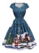 Dunkelblaues 50er Weihnachts-Midikleid mit Weihnachtsmannprint
