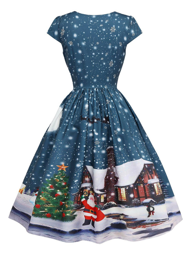 Dunkelblaues 50er Weihnachts-Midikleid mit Weihnachtsmannprint