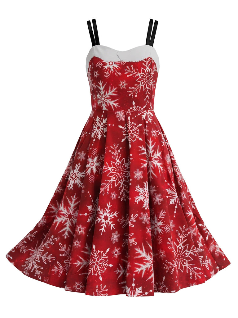 Rotes 50er Weihnachts-Swingkleid mit Rentier- und Schneeflockenprint